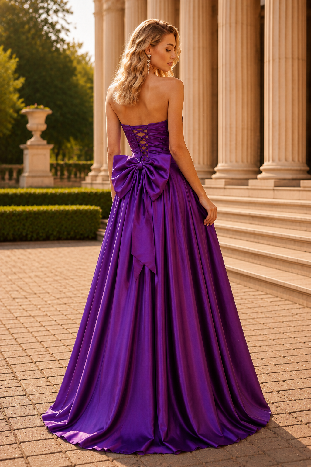 Jorlisse Light Strapless Bow-Detail Gown with Slit Prom Dress in Purple - back view