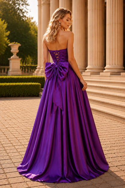 Jorlisse Light Strapless Bow-Detail Gown with Slit Prom Dress in Purple - back view