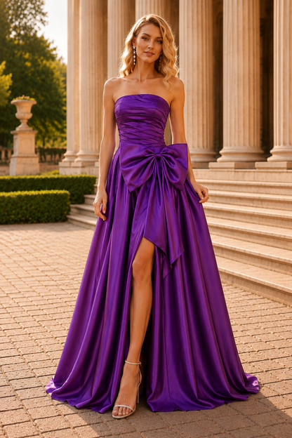Jorlisse Light Strapless Bow-Detail Gown with Slit Prom Dress in Purple - front view