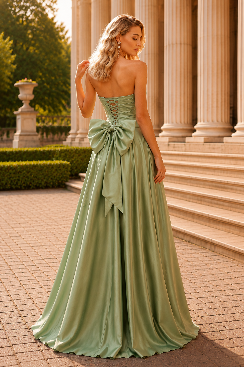 Jorlisse Light Strapless Bow-Detail Gown with Slit Prom Dress in Sage Green - back view