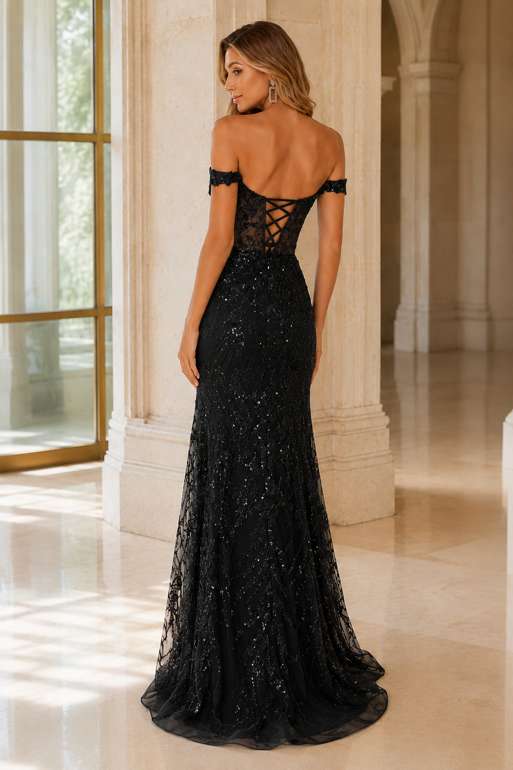 Jorvella Periwinkle Off-the-Shoulder Embellished Gown with Slit Prom Dress in Black - back view