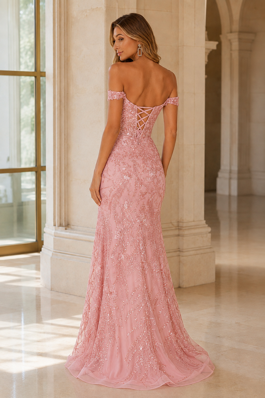 Jorvella Periwinkle Off-the-Shoulder Embellished Gown with Slit Prom Dress in Blush Pink - back view