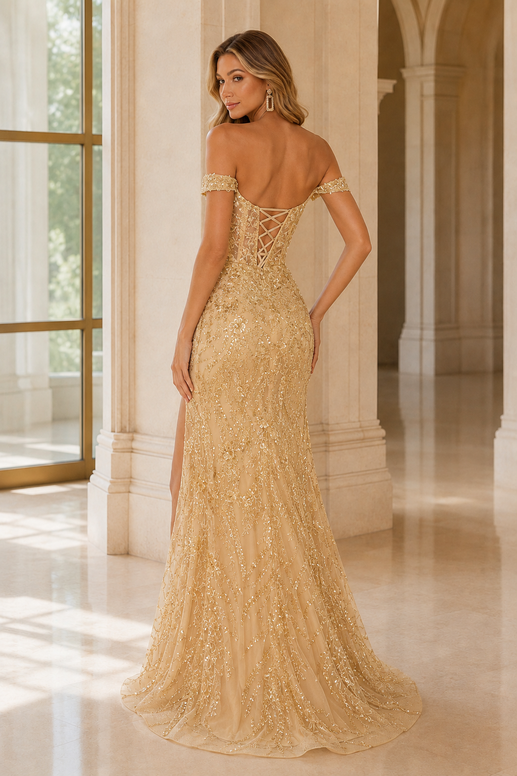 Jorvella Periwinkle Off-the-Shoulder Embellished Gown with Slit Prom Dress in Champagne - back view