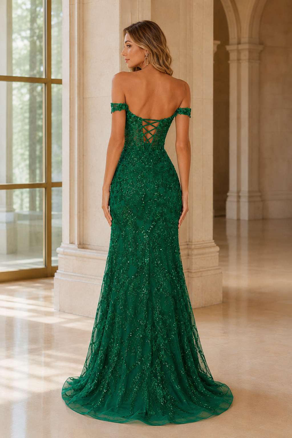 Jorvella Periwinkle Off-the-Shoulder Embellished Gown with Slit Prom Dress in Emerald Green - back view