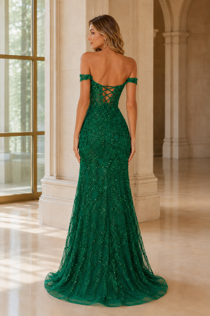 Jorvella Periwinkle Off-the-Shoulder Embellished Gown with Slit Prom Dress in Emerald Green - back view