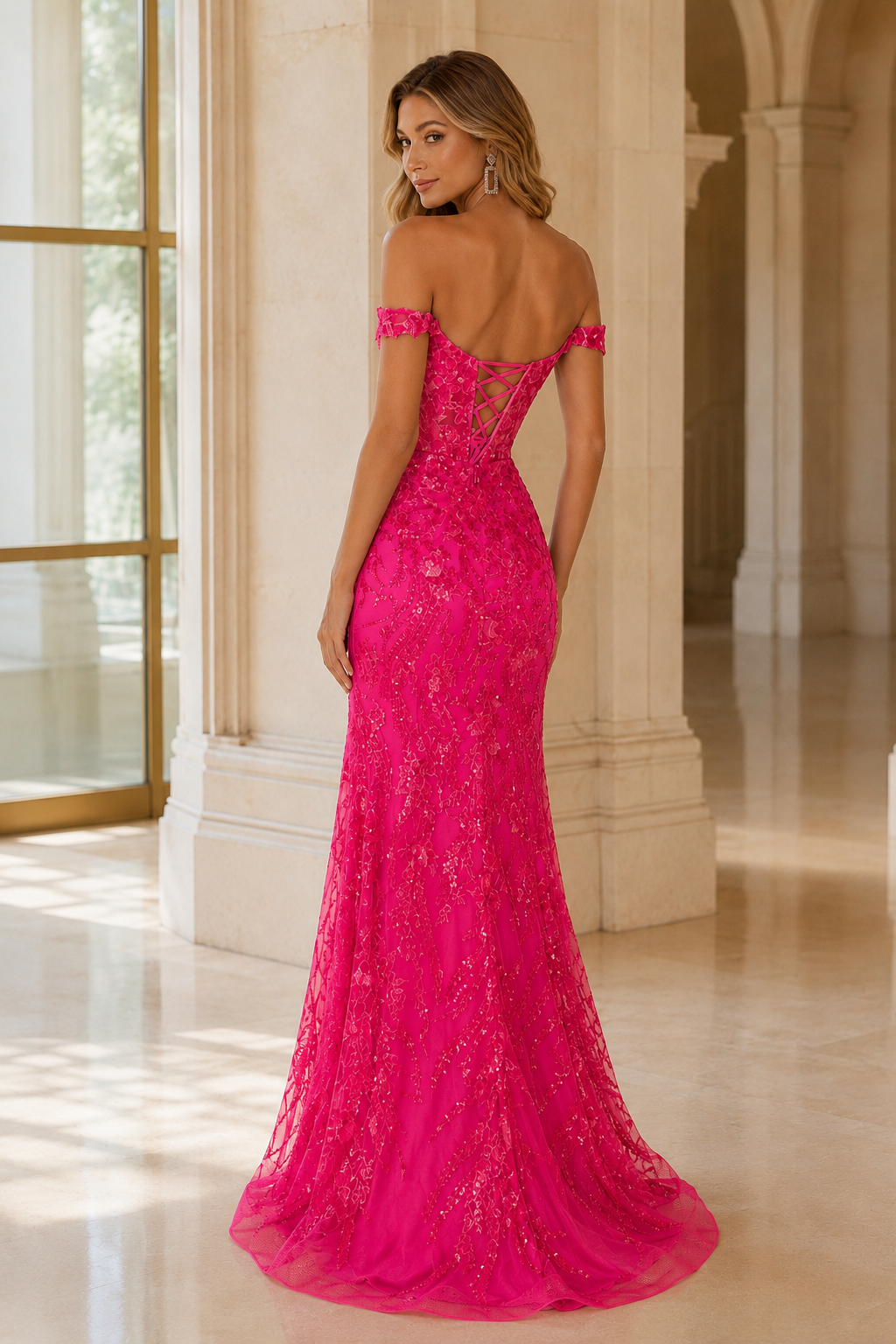 Jorvella Periwinkle Off-the-Shoulder Embellished Gown with Slit Prom Dress in Hot Pink - back view
