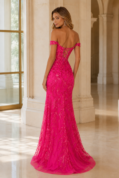 Jorvella Periwinkle Off-the-Shoulder Embellished Gown with Slit Prom Dress in Hot Pink - back view