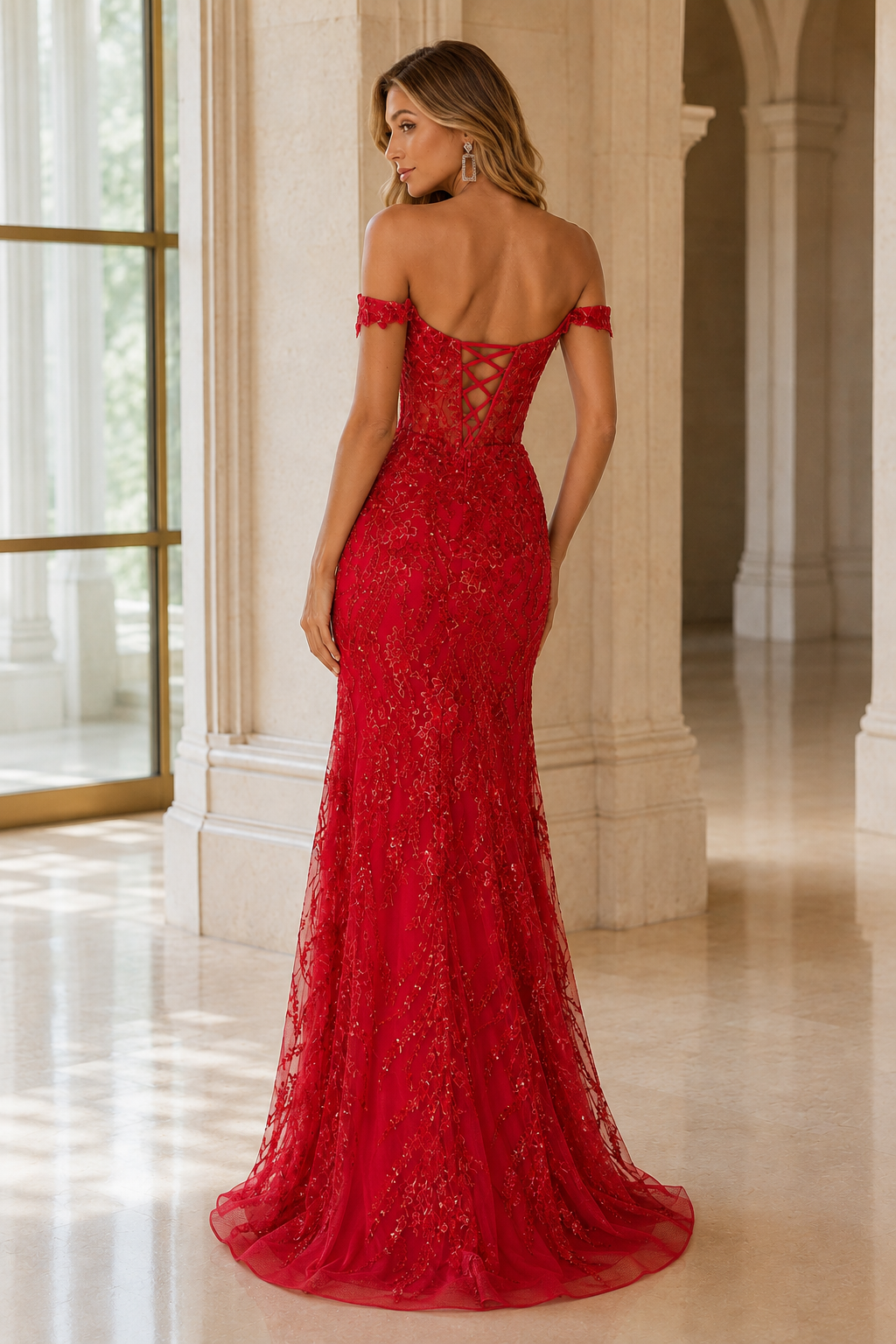 Jorvella Periwinkle Off-the-Shoulder Embellished Gown with Slit Prom Dress in Red - back view