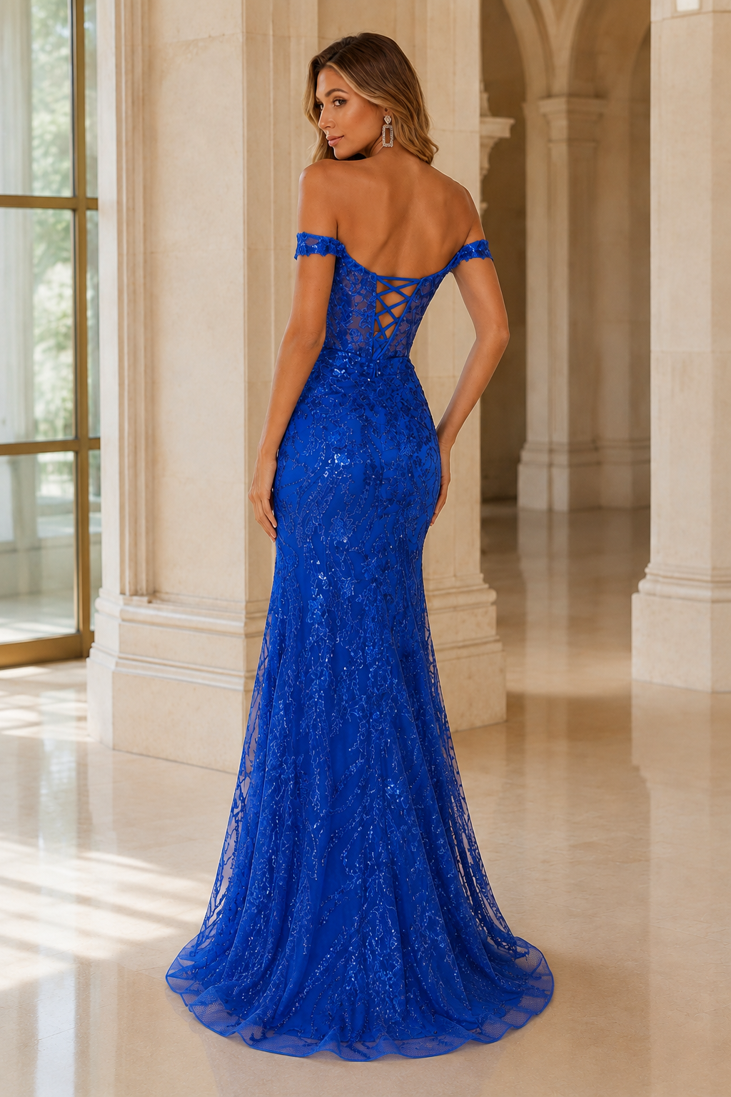 Jorvella Periwinkle Off-the-Shoulder Embellished Gown with Slit Prom Dress in Royal Blue - back view