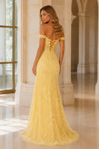 Jorvella Periwinkle Off-the-Shoulder Embellished Gown with Slit Prom Dress in Yellow - back view