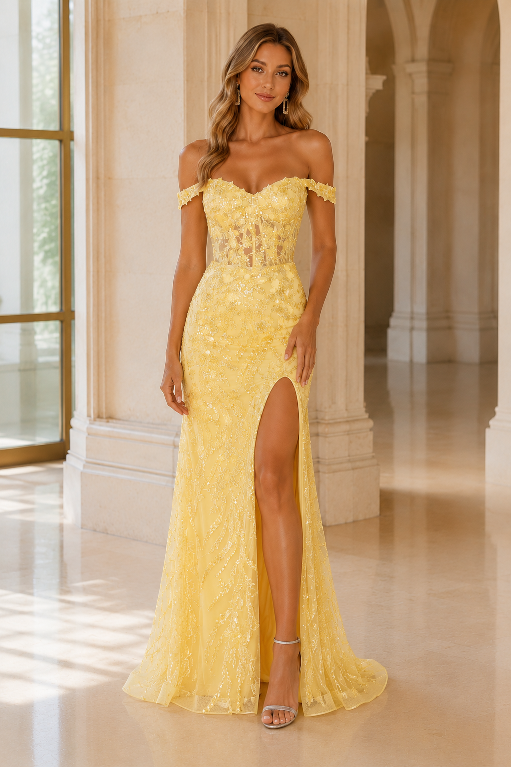 Jorvella Periwinkle Off-the-Shoulder Embellished Gown with Slit Prom Dress in Yellow - front view