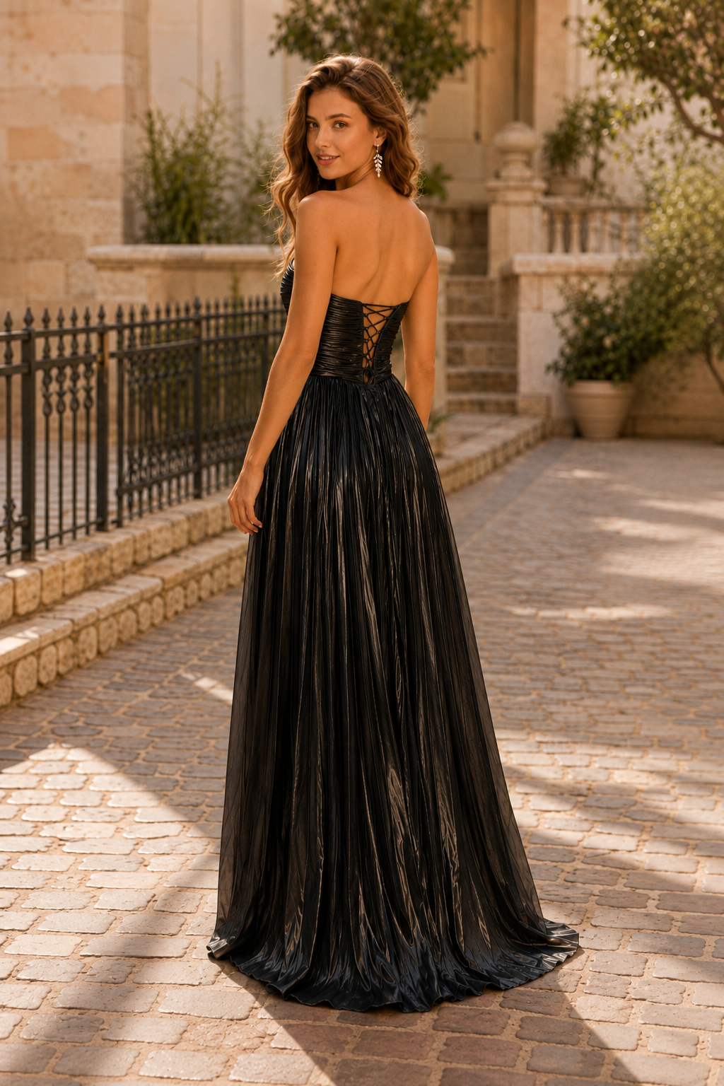 Jorria Strapless Embellished Ball Gown Prom Dress in Black - back view