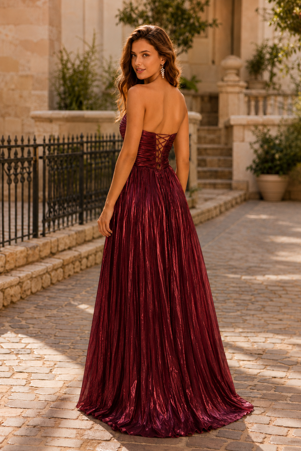 Jorria Strapless Embellished Ball Gown Prom Dress in Burgundy - back view