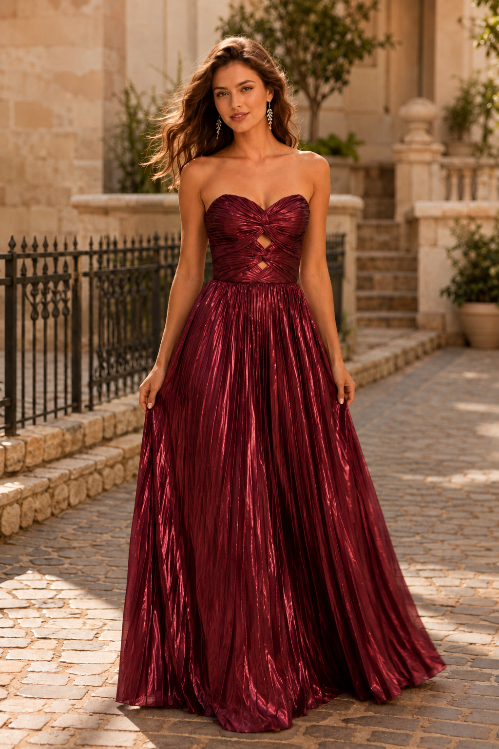 Jorria Strapless Embellished Ball Gown Prom Dress in Burgundy - front view