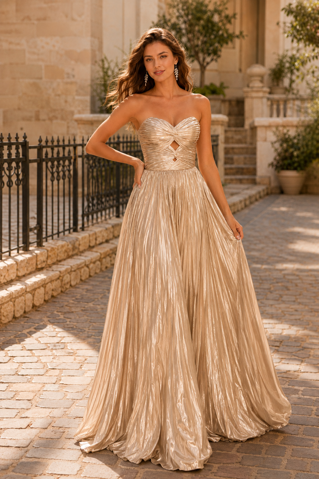 Jorria Strapless Embellished Ball Gown Prom Dress in Champagne - front view