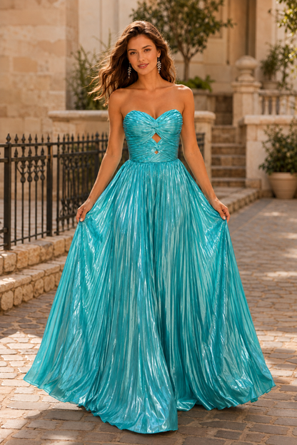 Jorria Strapless Embellished Ball Gown Prom Dress in Turquoise - front view