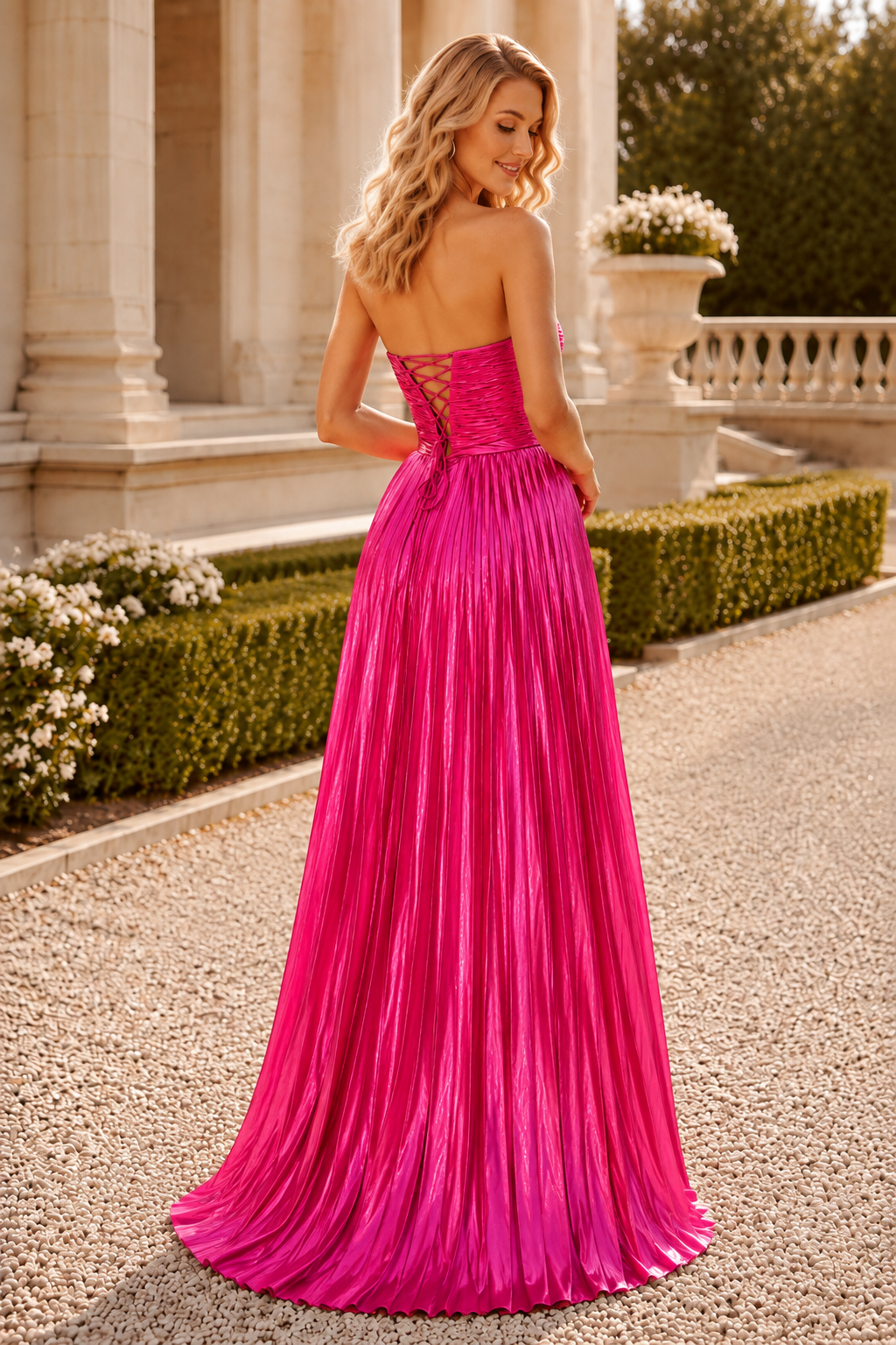 Jornette Turquoise Strapless Embellished Gown with Slit Prom Dress in Hot Pink - front view