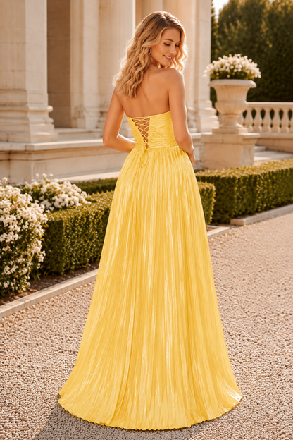 Jornette Turquoise Strapless Embellished Gown with Slit Prom Dress in Yellow - front view