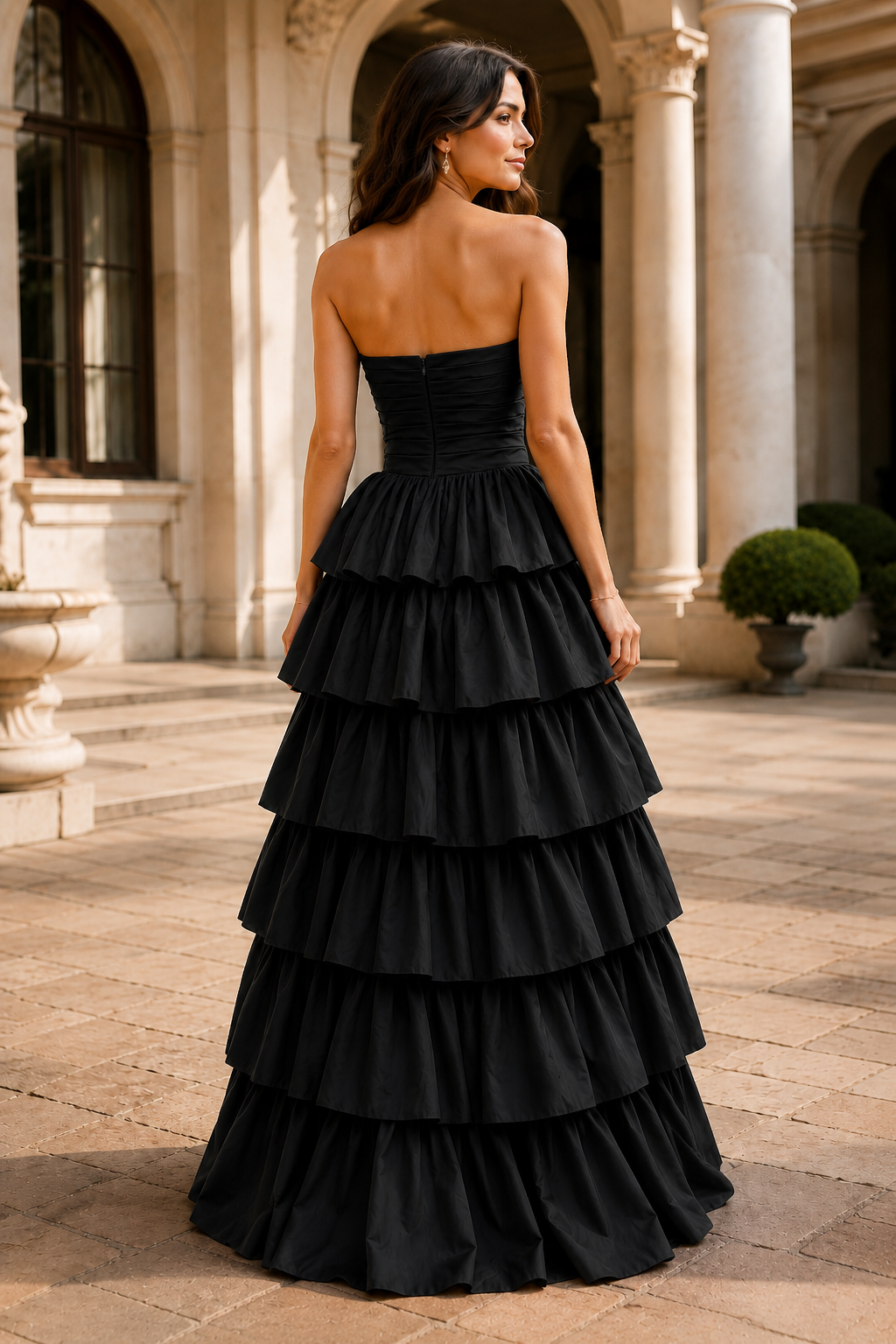 Helthia Strapless Tiered Ruffle Gown with Slit Prom Dress in Black - back view