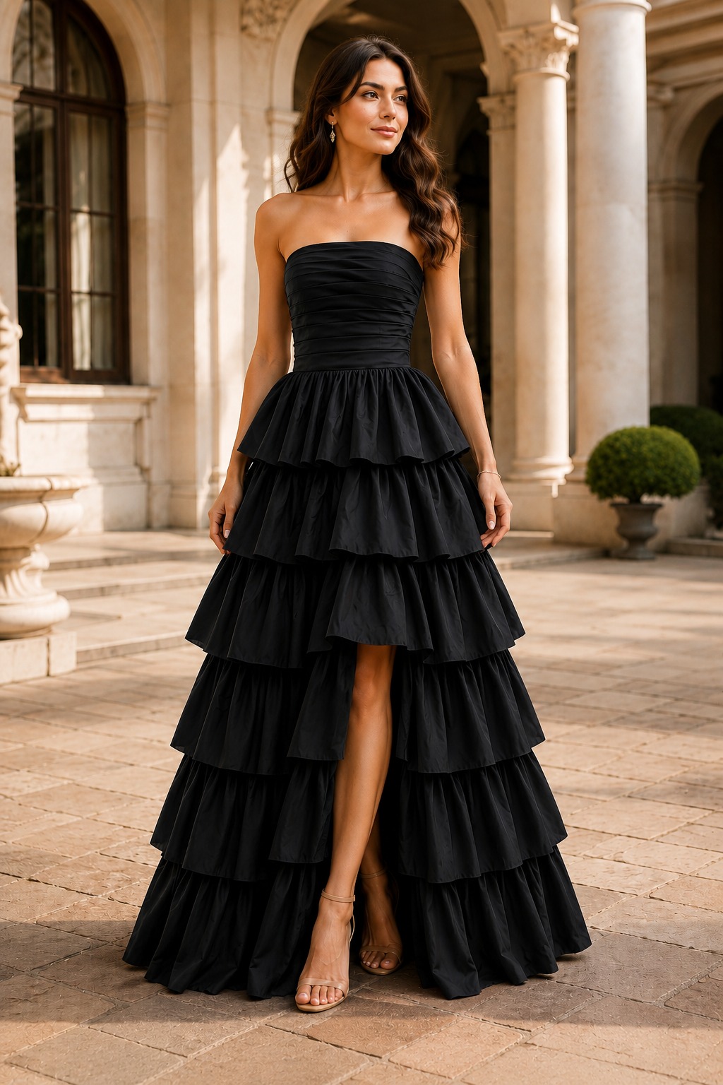 Helthia Strapless Tiered Ruffle Gown with Slit Prom Dress in Black - front view