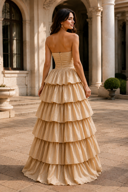 Helthia Strapless Tiered Ruffle Gown with Slit Prom Dress in Champagne - back view