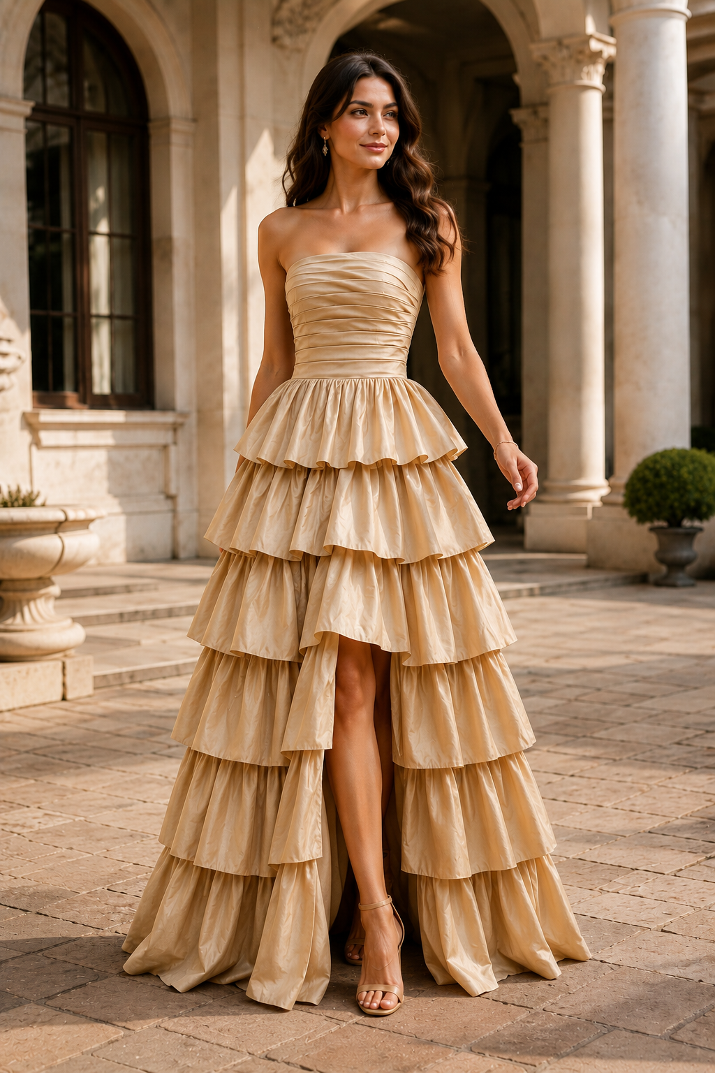 Helthia Strapless Tiered Ruffle Gown with Slit Prom Dress in Champagne - front view
