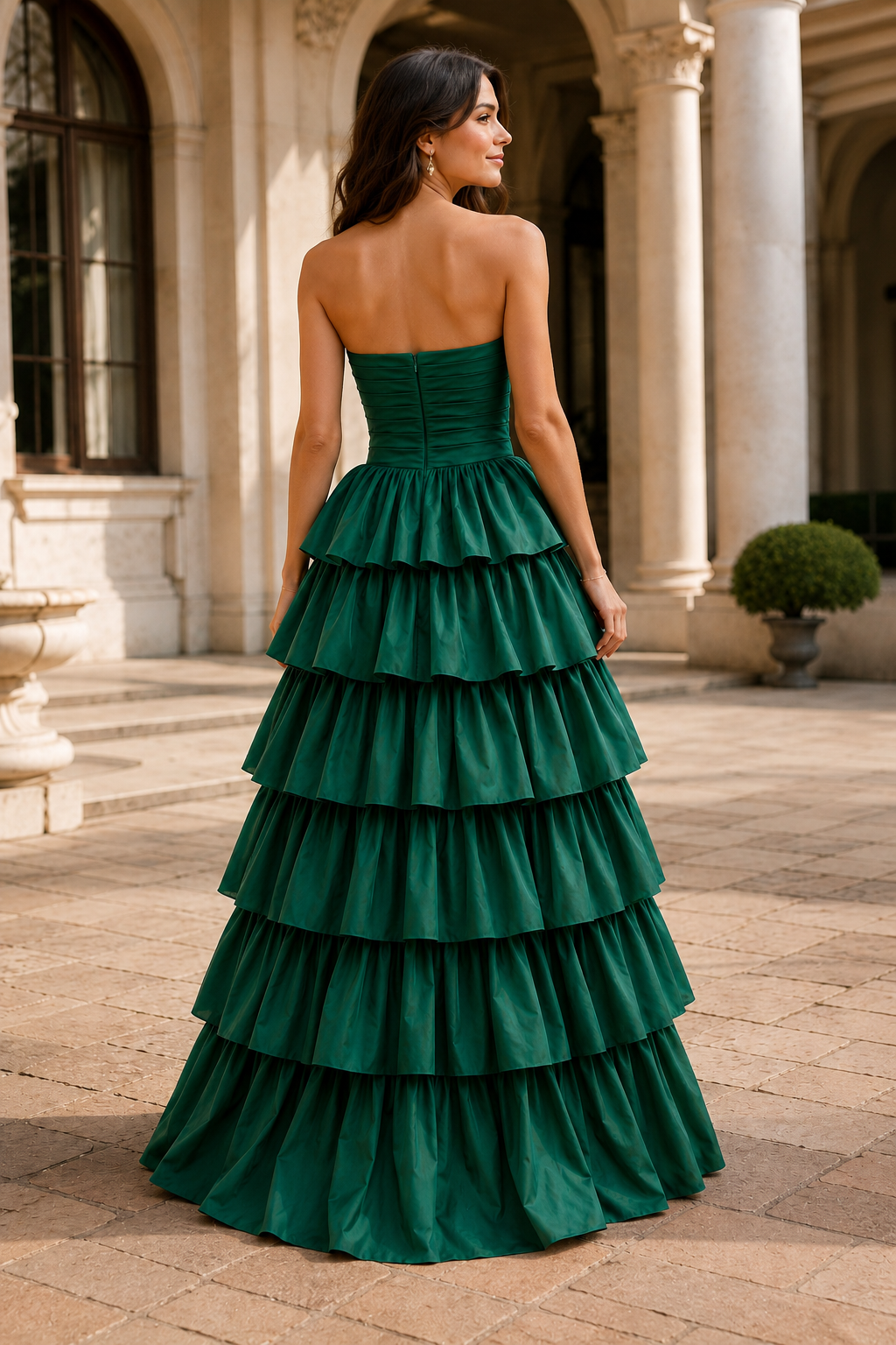 Helthia Strapless Tiered Ruffle Gown with Slit Prom Dress in Emerald Green - back view