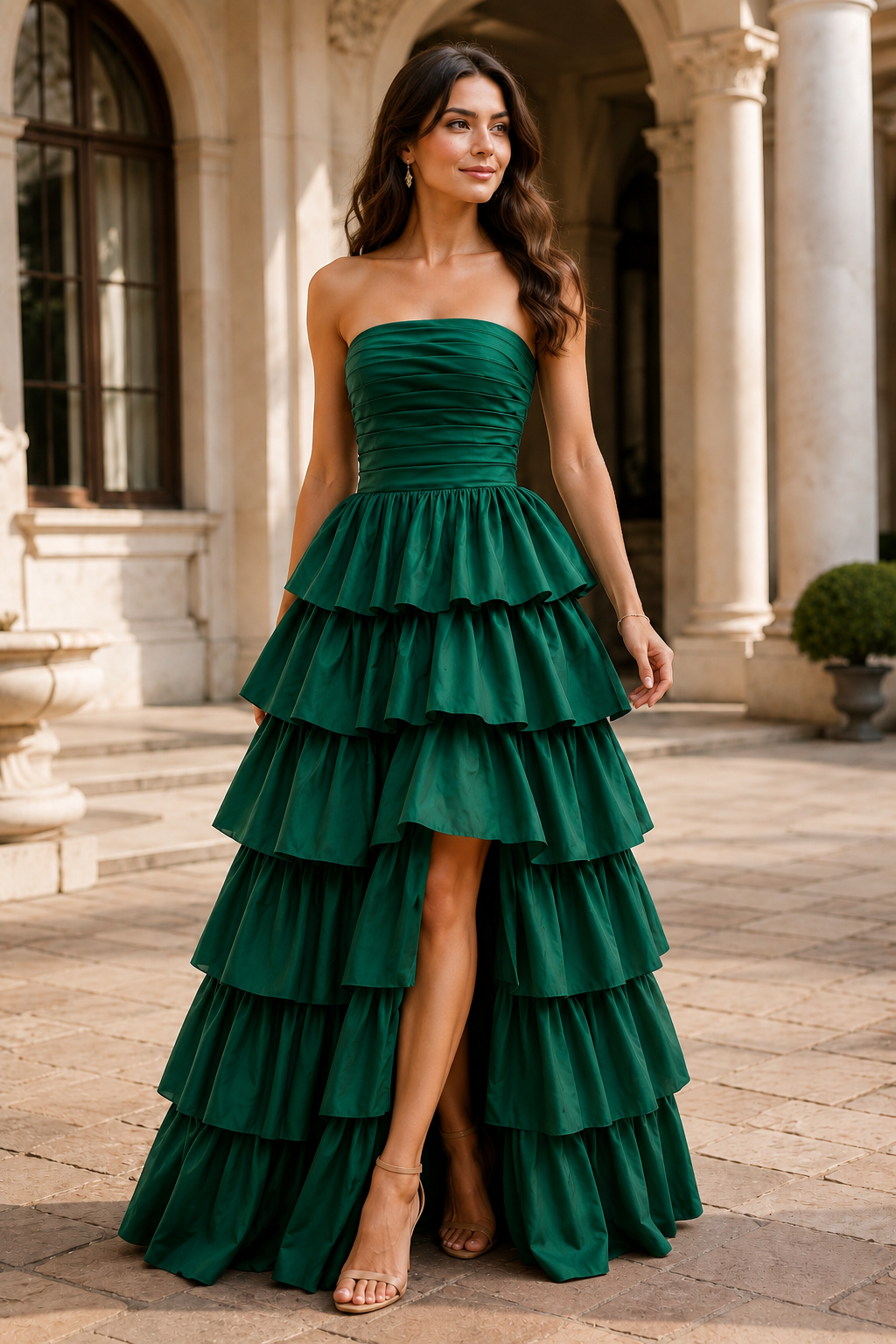 Helthia Strapless Tiered Ruffle Gown with Slit Prom Dress in Emerald Green - front view