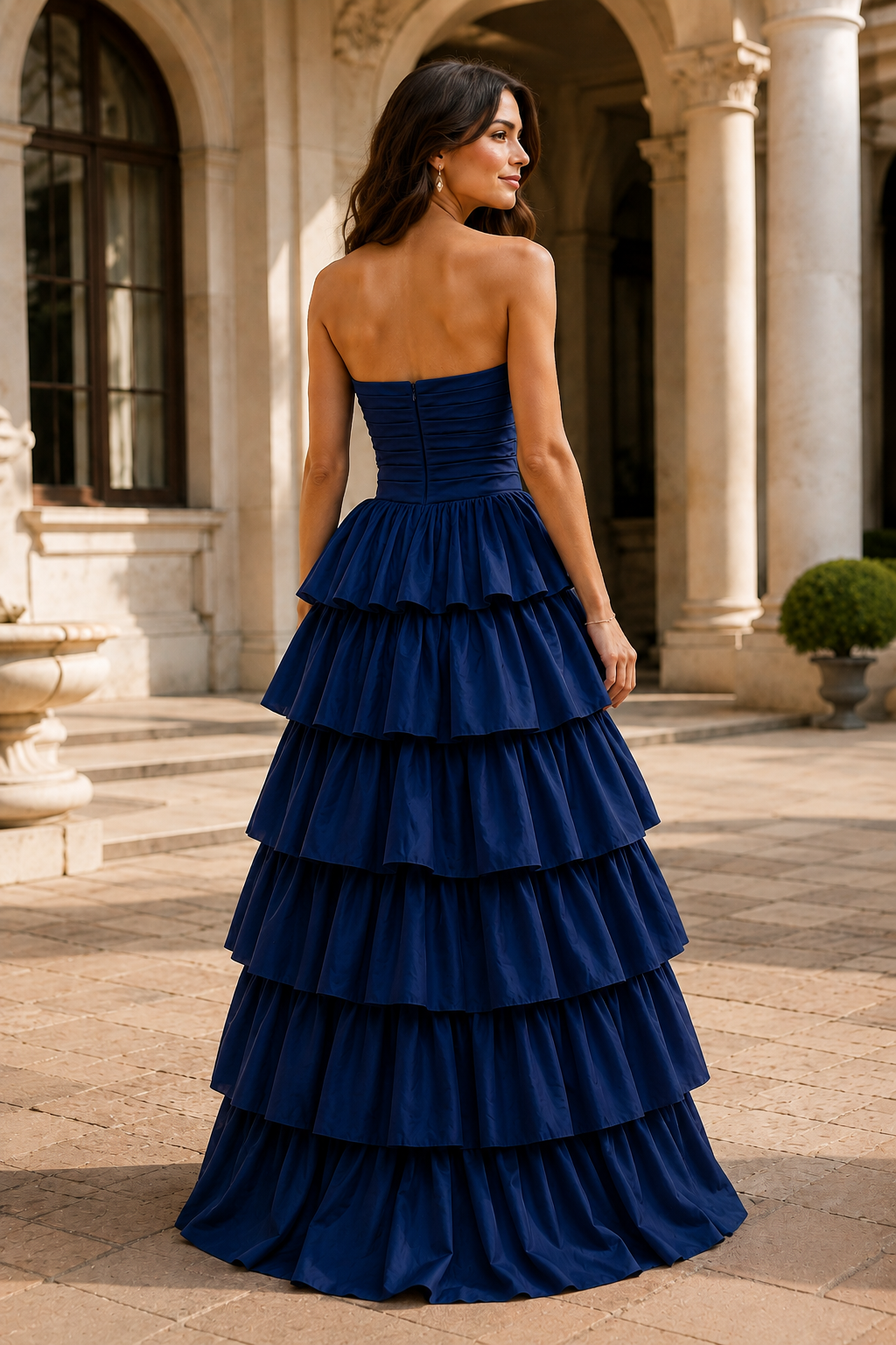 Helthia Strapless Tiered Ruffle Gown with Slit Prom Dress in Navy Blue - back view