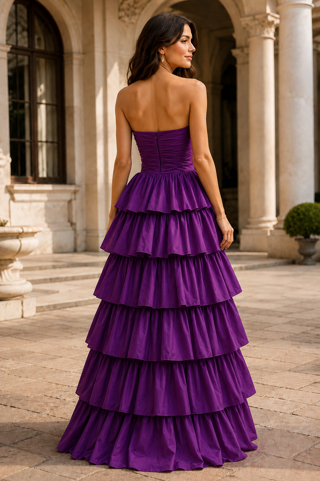 Helthia Strapless Tiered Ruffle Gown with Slit Prom Dress in Purple - back view
