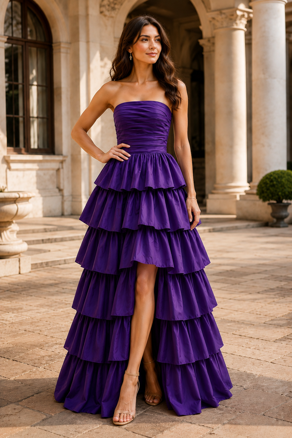 Helthia Strapless Tiered Ruffle Gown with Slit Prom Dress in Purple - front view