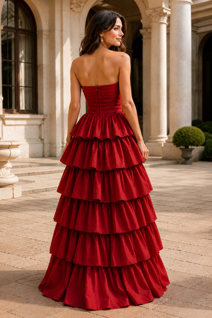 Helthia Strapless Tiered Ruffle Gown with Slit Prom Dress in Red - back view