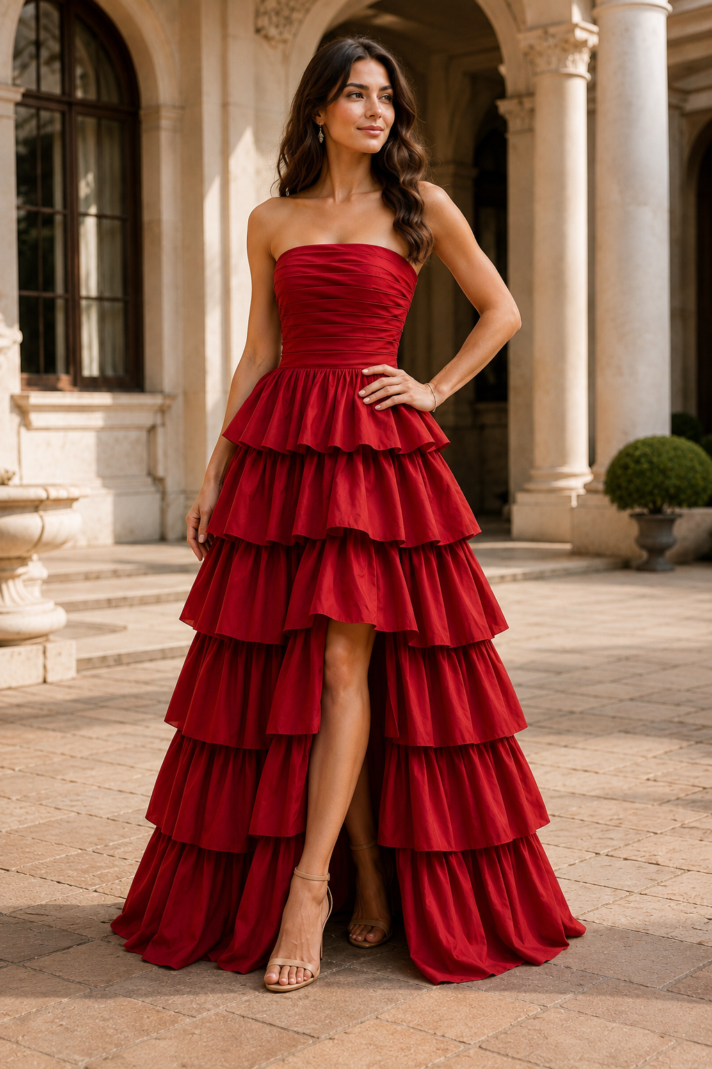Helthia Strapless Tiered Ruffle Gown with Slit Prom Dress in Red - front view