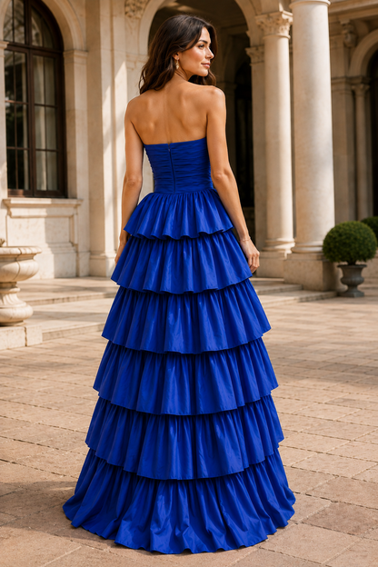 Helthia Strapless Tiered Ruffle Gown with Slit Prom Dress in Royal Blue - back view