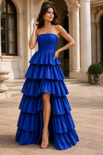 Helthia Strapless Tiered Ruffle Gown with Slit Prom Dress in Royal Blue - front view
