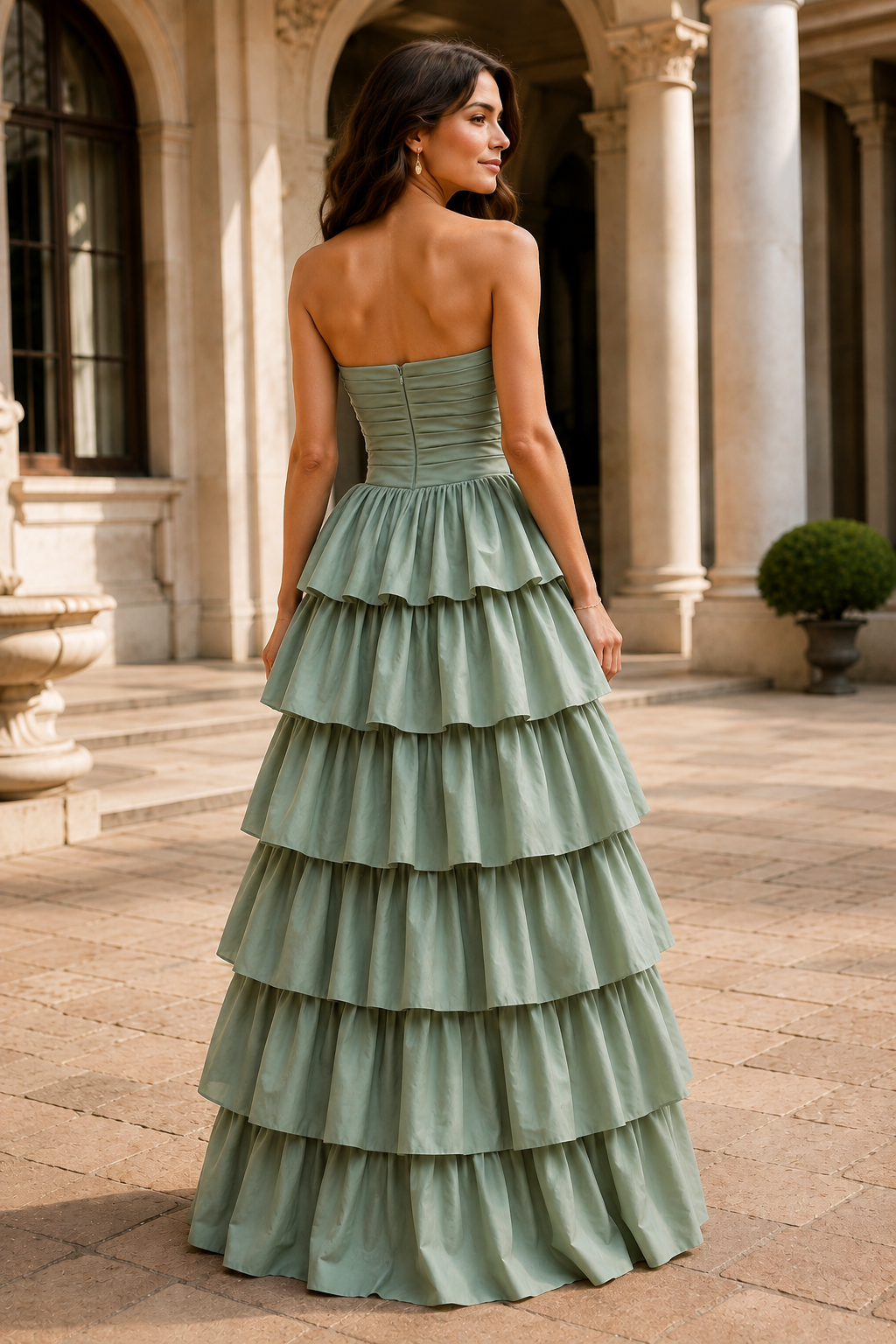 Helthia Strapless Tiered Ruffle Gown with Slit Prom Dress in Sage Green - back view