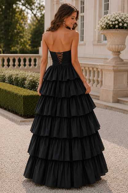 Helthia Strapless Tiered Ruffle Gown with Slit Prom Dress in Black - back view