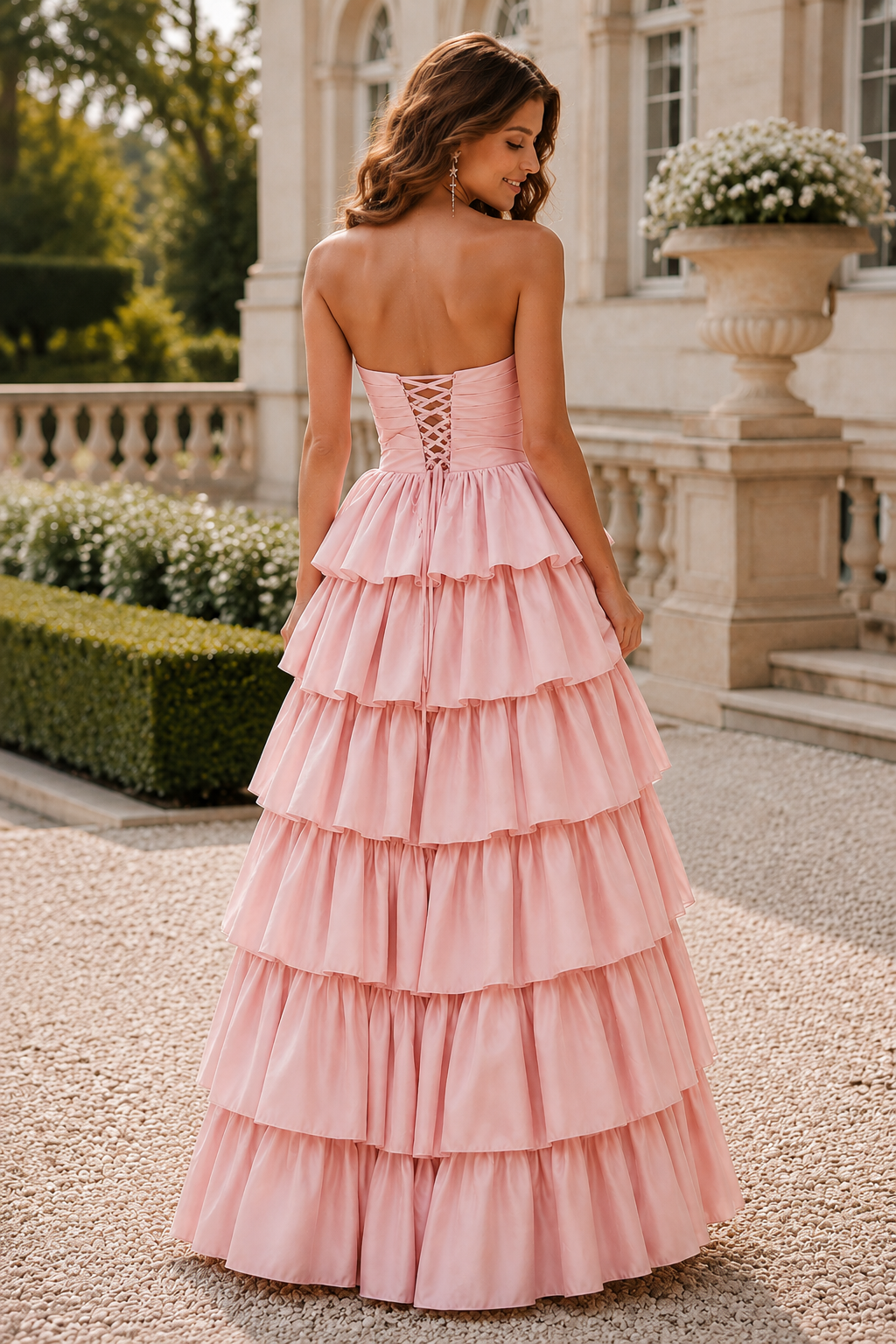 Helthia Strapless Tiered Ruffle Gown with Slit Prom Dress in Blush Pink - back view