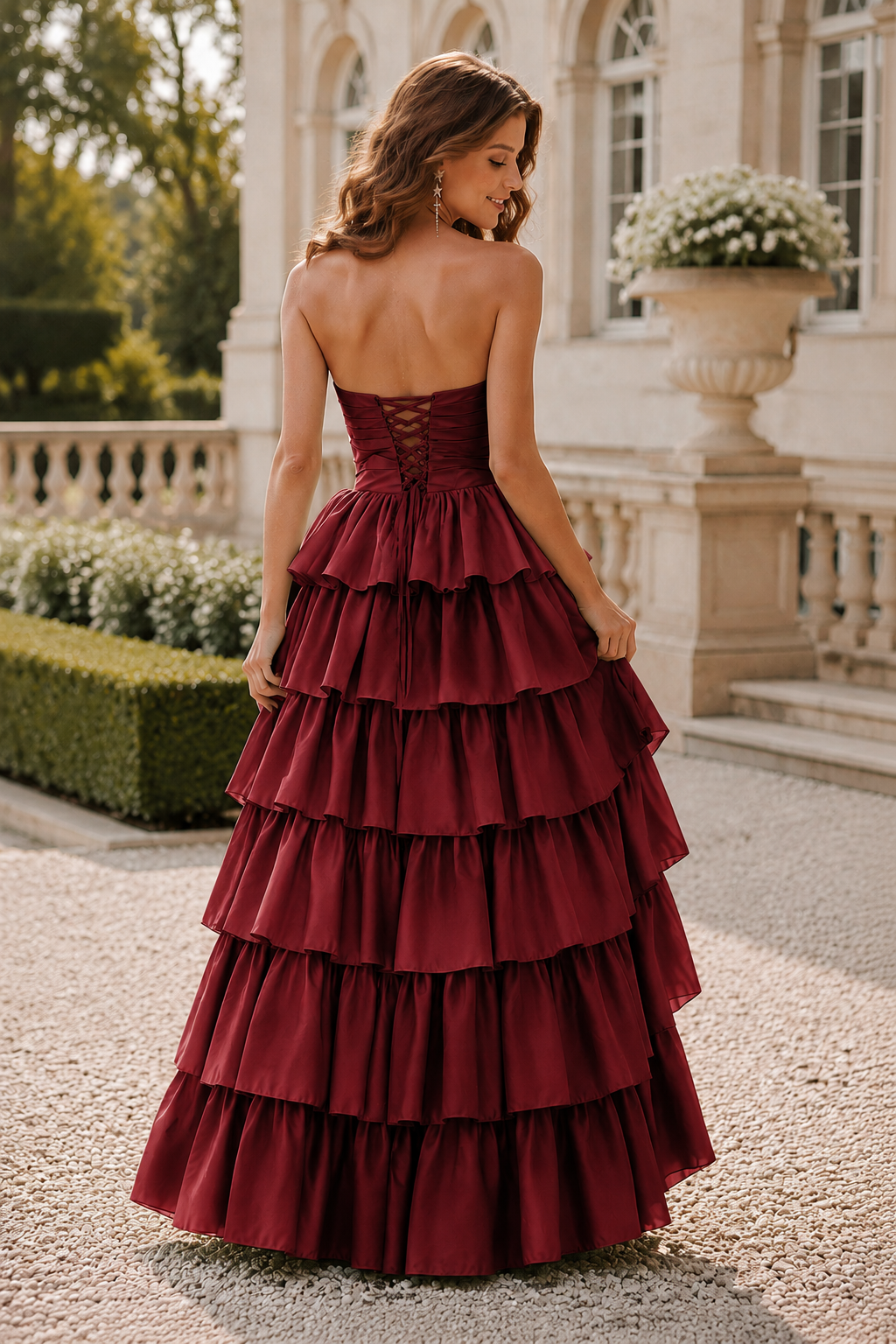 Helthia Strapless Tiered Ruffle Gown with Slit Prom Dress in Burgundy - back view