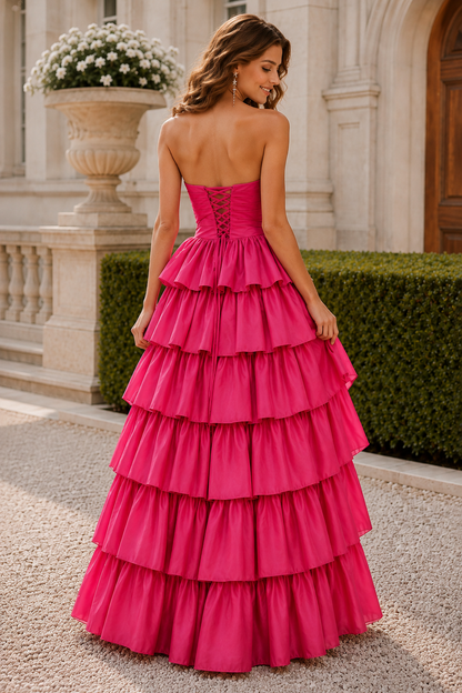 Helthia Strapless Tiered Ruffle Gown with Slit Prom Dress in Hot Pink - back view
