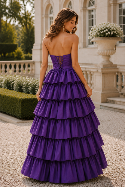 Helthia Strapless Tiered Ruffle Gown with Slit Prom Dress in Purple - back view