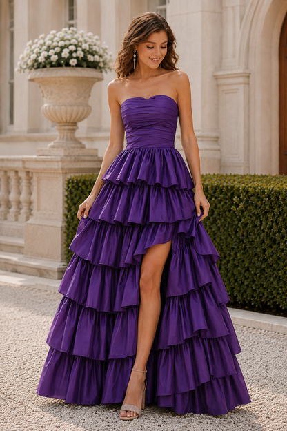 Helthia Strapless Tiered Ruffle Gown with Slit Prom Dress in Purple - front view