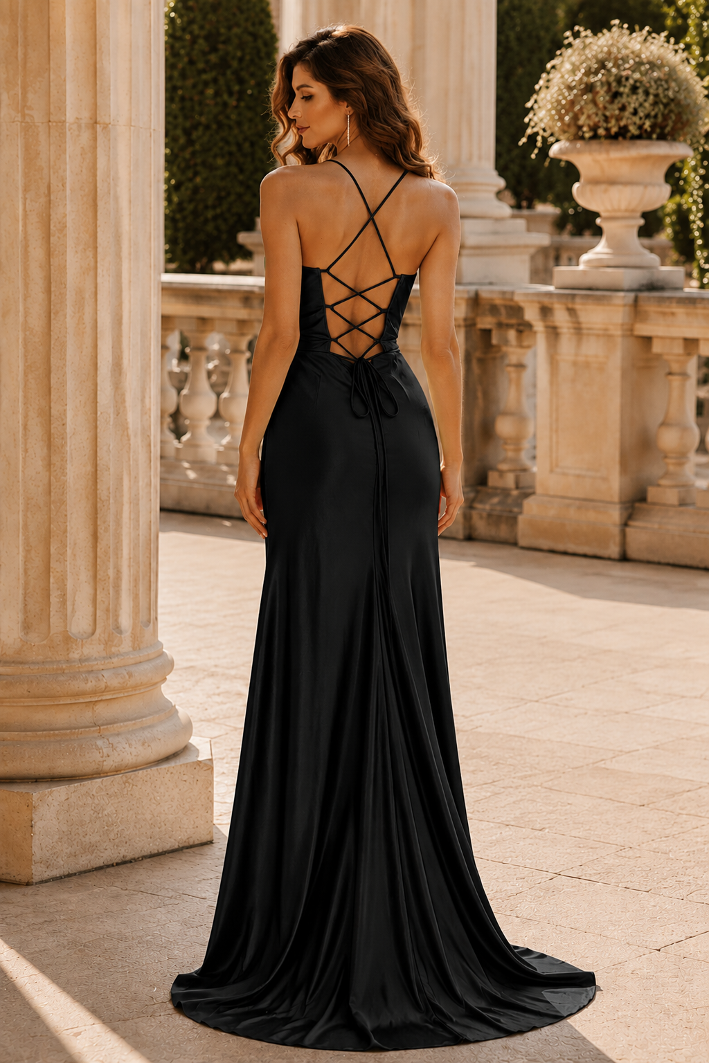 Jormira Spaghetti-Strap Open-Back Gown with Slit Prom Dress in Black - back view