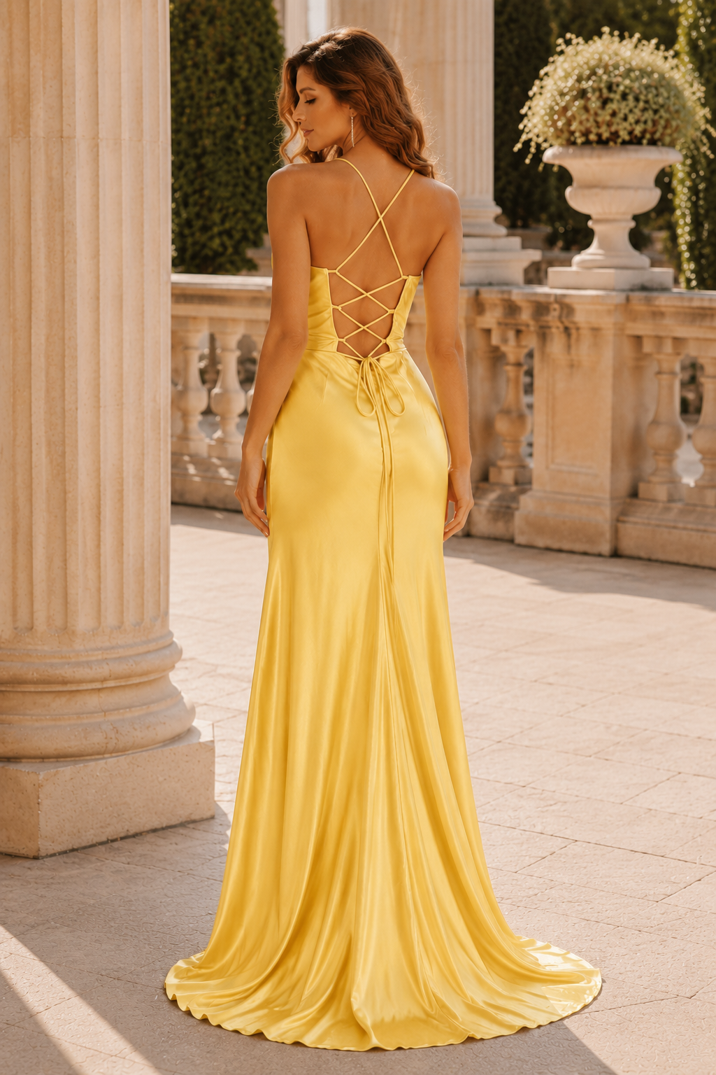 Jormira Spaghetti-Strap Open-Back Gown with Slit Prom Dress in Champagne - back view