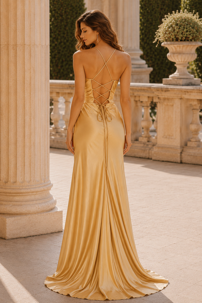 Jormira Spaghetti-Strap Open-Back Gown with Slit Prom Dress in Yellow - back view
