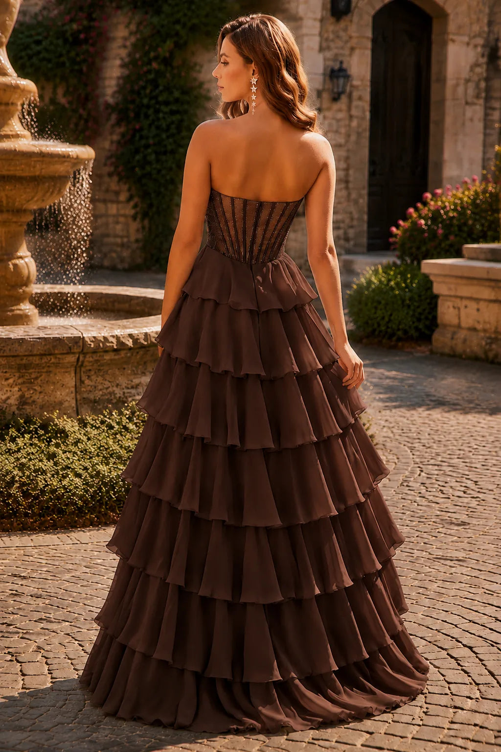Brown corset tiered ruffle prom gown, back view