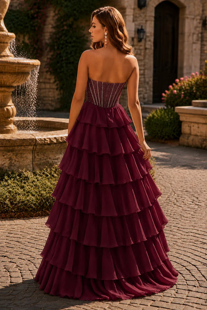 Burgundy corset tiered ruffle prom gown, back view