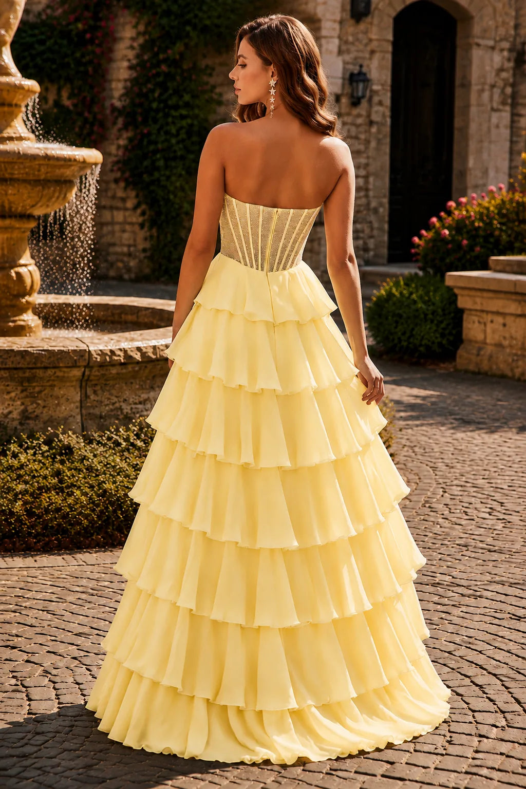 Butter Yellow corset tiered ruffle prom gown, back view
