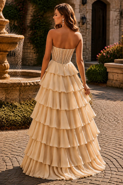 Champagne corset tiered ruffle prom gown, back view
