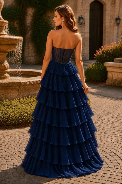 Deep Navy corset tiered ruffle prom gown, back view